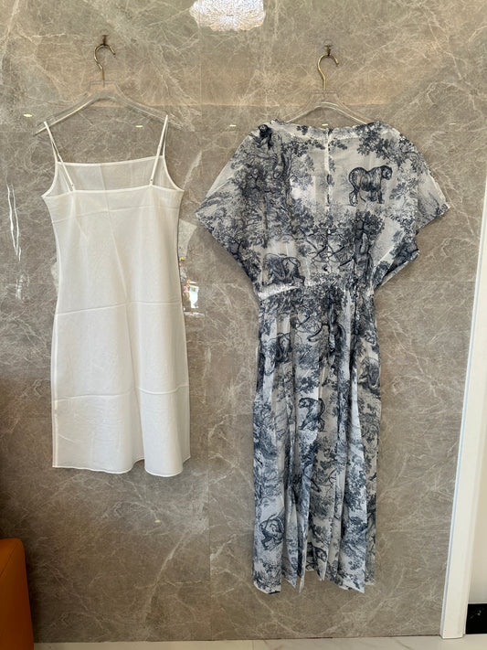 Dior Toile de Jouy Printed Two-Piece Dress Set – Blue and White Chiffon
