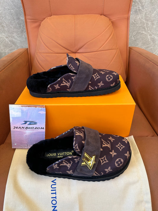 Louis Vuitton Monogram Shearling Mules with Gold LV Buckle