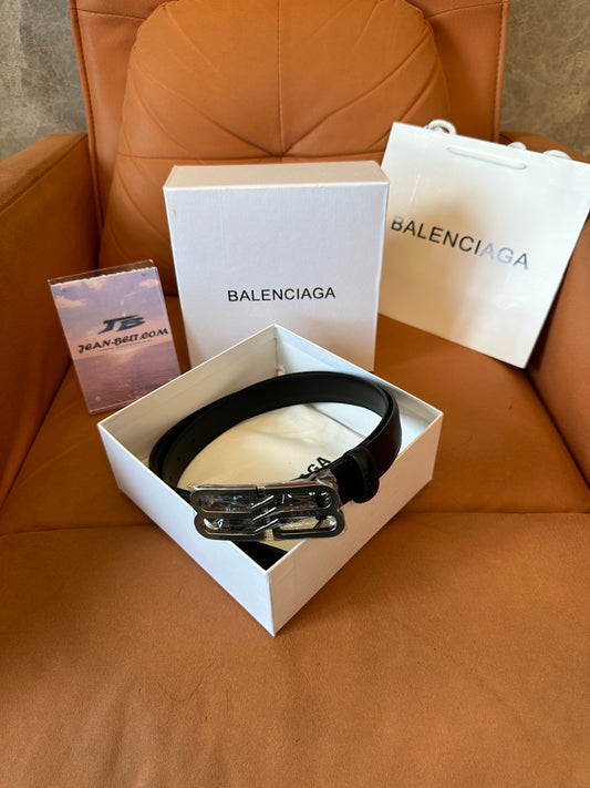 Balenciaga BB Buckle Leather Belt – Black Calfskin with Silver-Tone Hardware