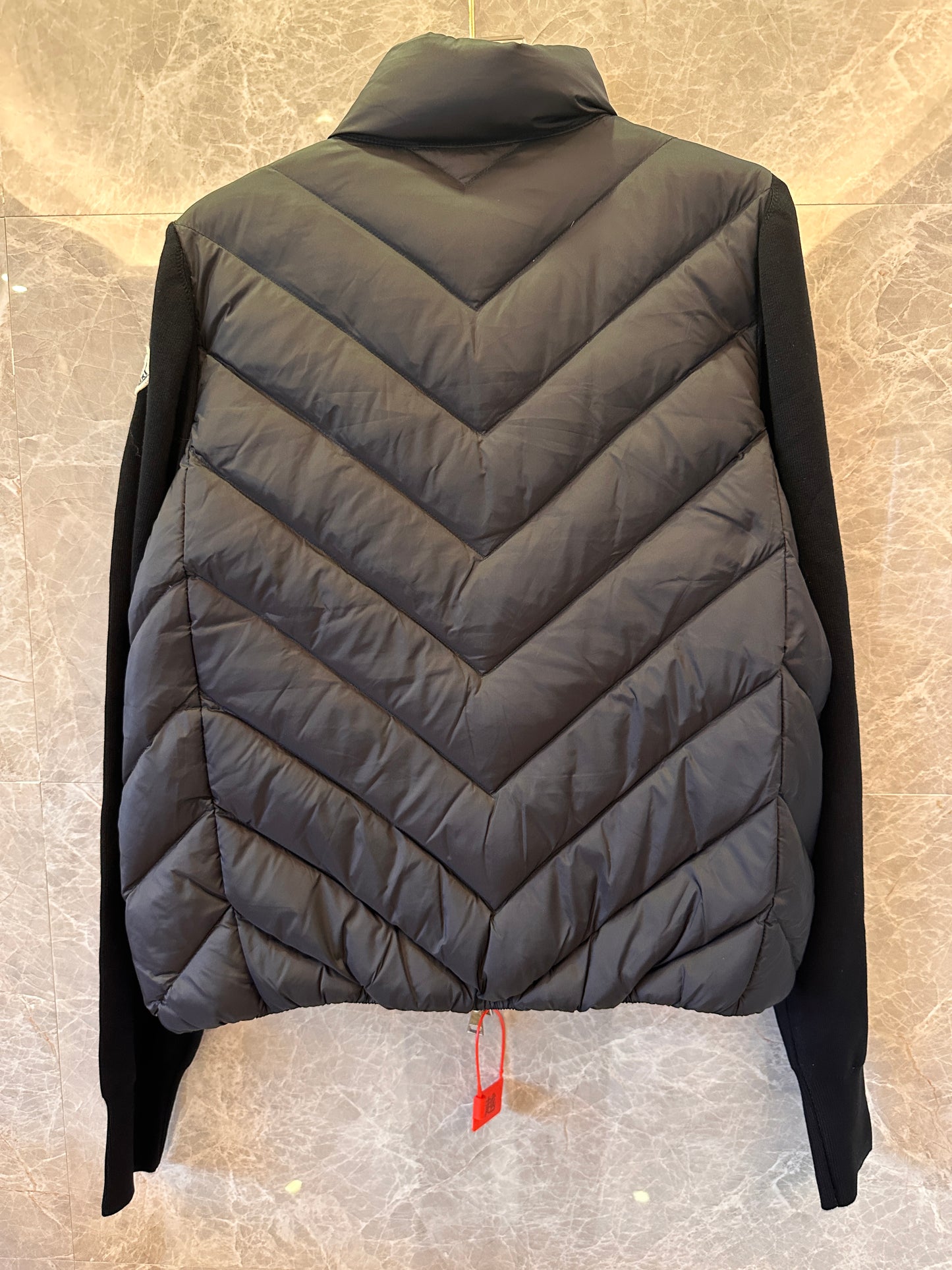 Moncler down jacket with knit sleeves for women black