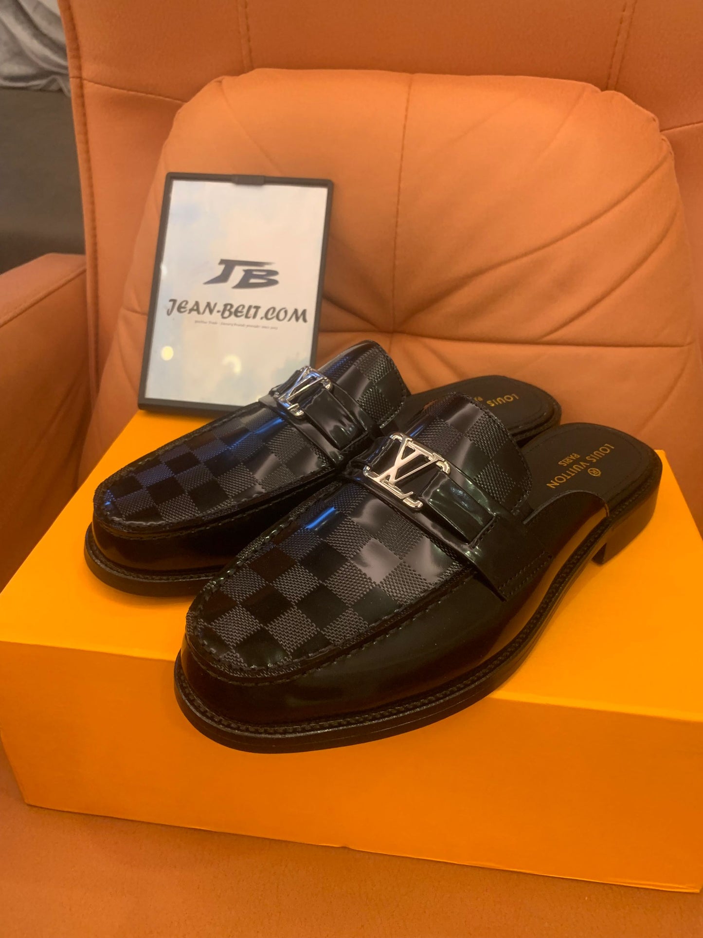 Louis Vuitton black damier slip-on loafers