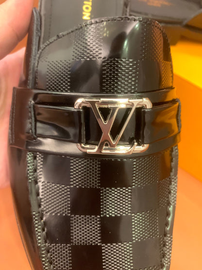 Louis Vuitton black damier slip-on loafers