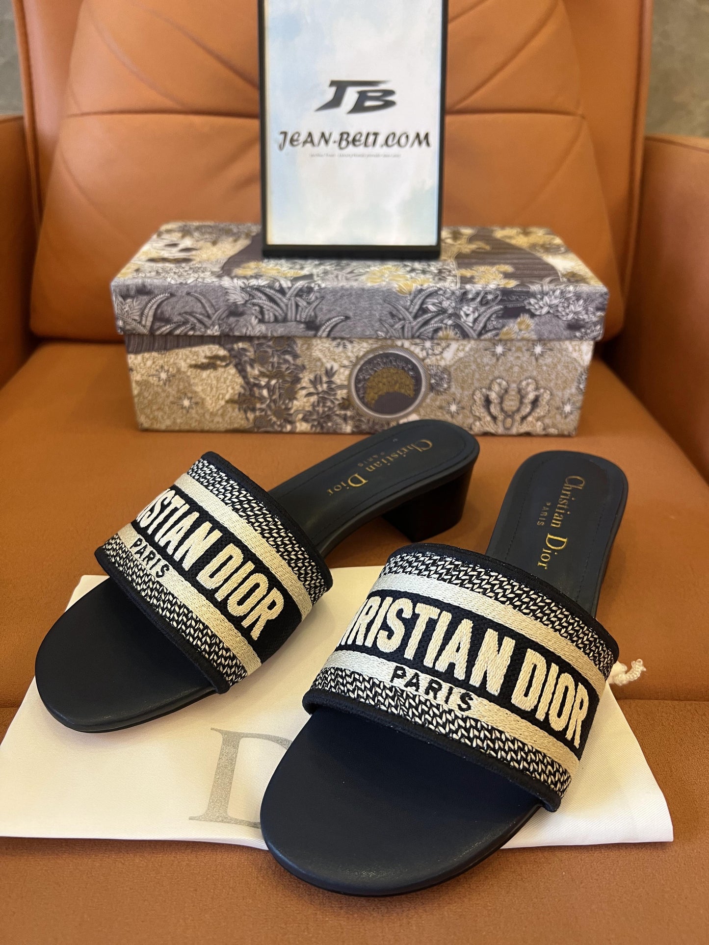 Christian Dior Dway Slides - navy blue embroidered sandals