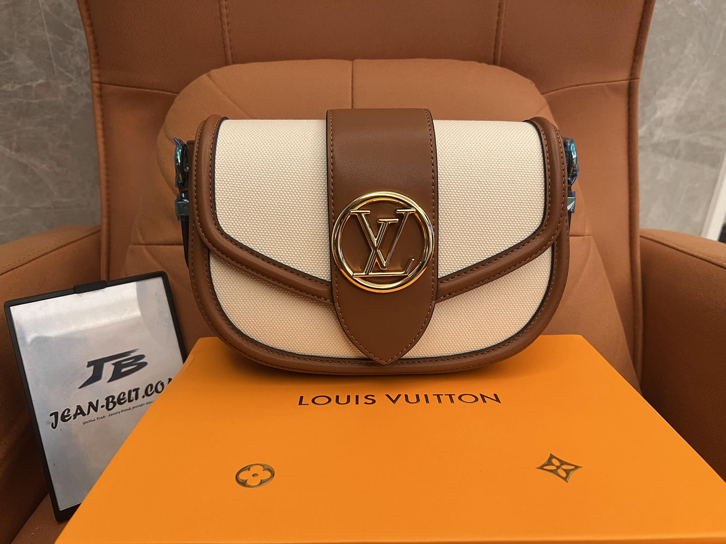 Louis Vuitton canvas smooth calfskin lv pont 9 soft mm caramel brown