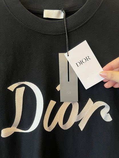 Dior black t-shirt with embroidered logo and sporty stripes