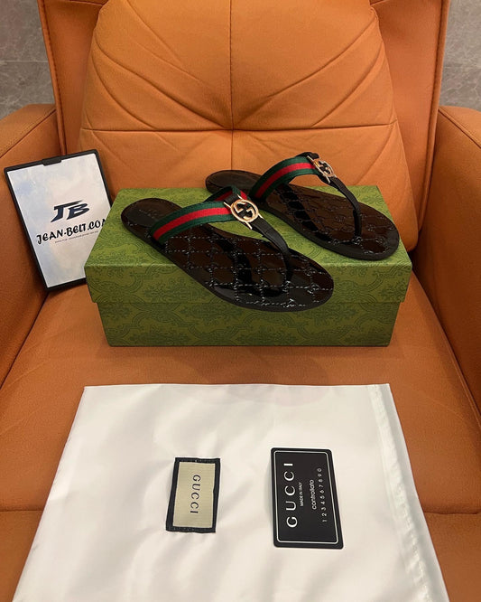 Gucci GG web black patent flip flops