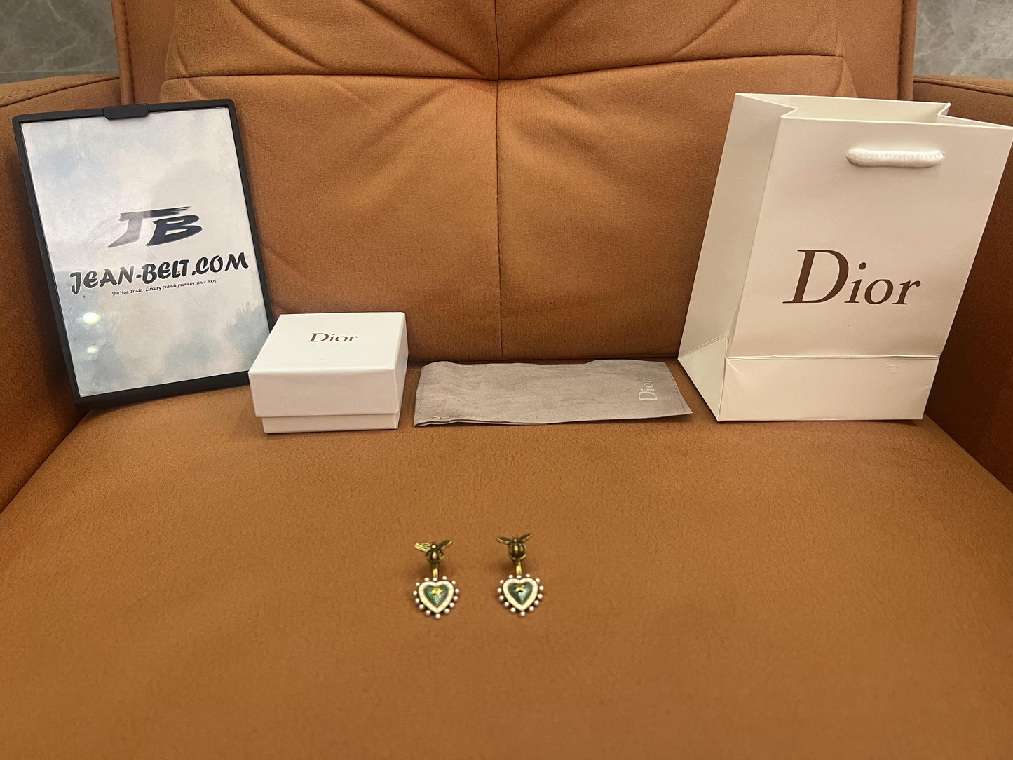 Dior heart and bee earrings with green enamel and pearl accents