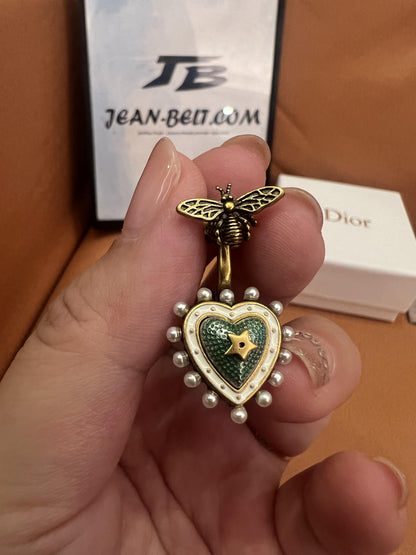 Dior heart and bee earrings with green enamel and pearl accents