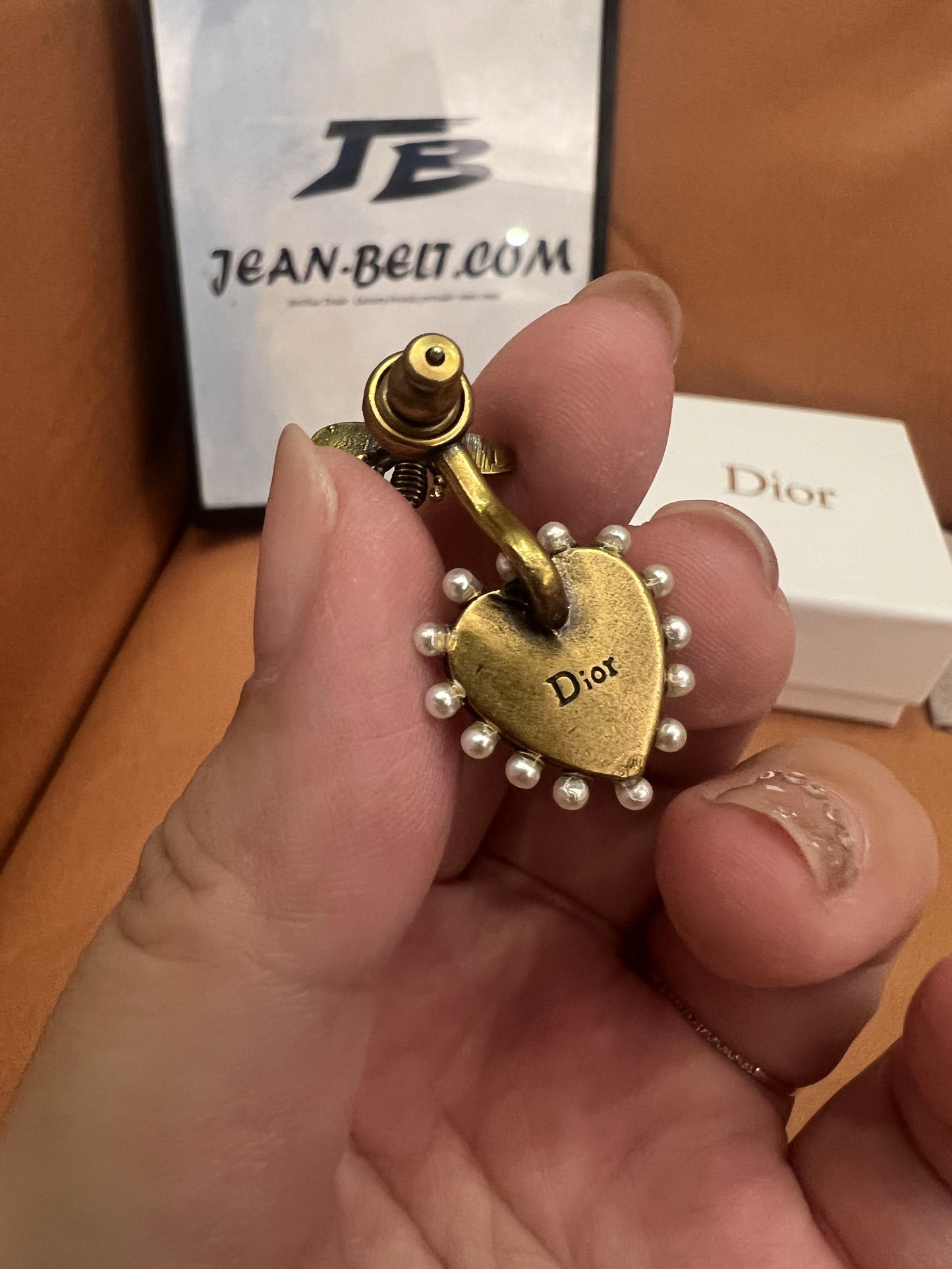 Dior heart and bee earrings with green enamel and pearl accents