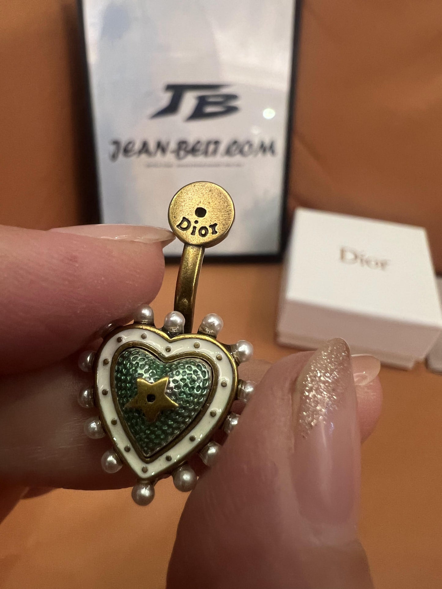 Dior heart and bee earrings with green enamel and pearl accents