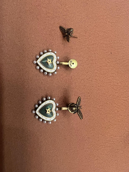 Dior heart and bee earrings with green enamel and pearl accents