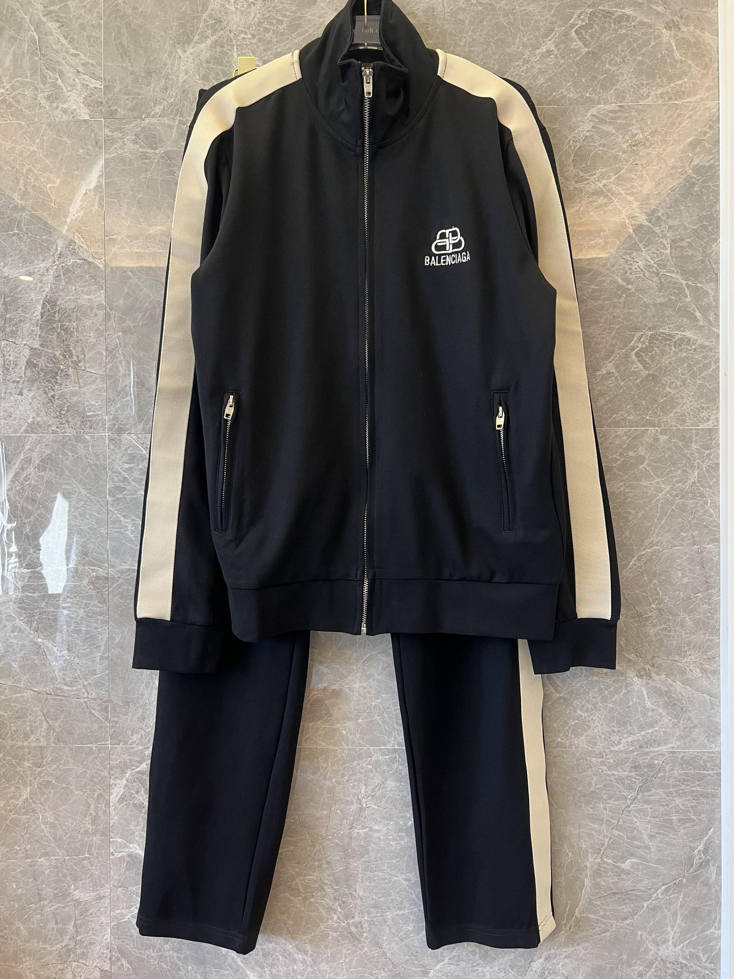 Balenciaga black track suit with beige stripes