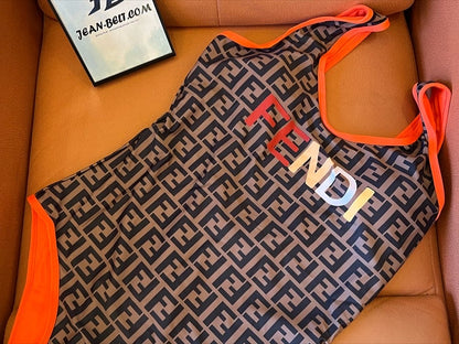 Fendi monogram one-piece swimsuit with neon trim