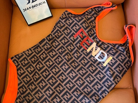 Fendi monogram one-piece swimsuit with neon trim