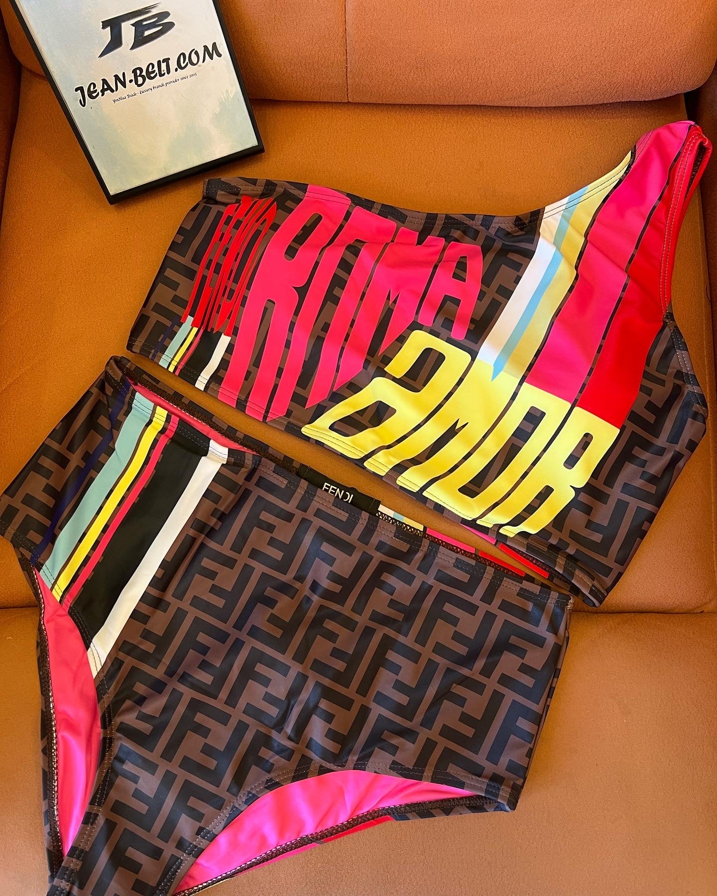 Fendi monogram two-piece swimsuit with bold graphics