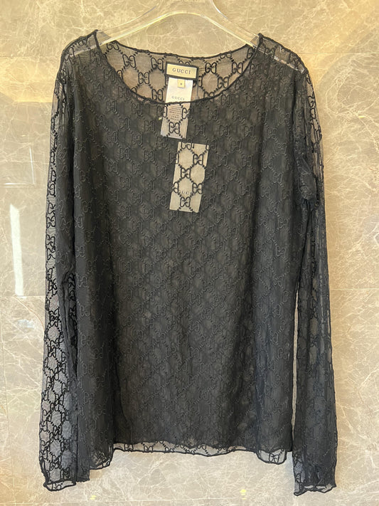 Gucci black sheer long-sleeve GG monogram mesh top