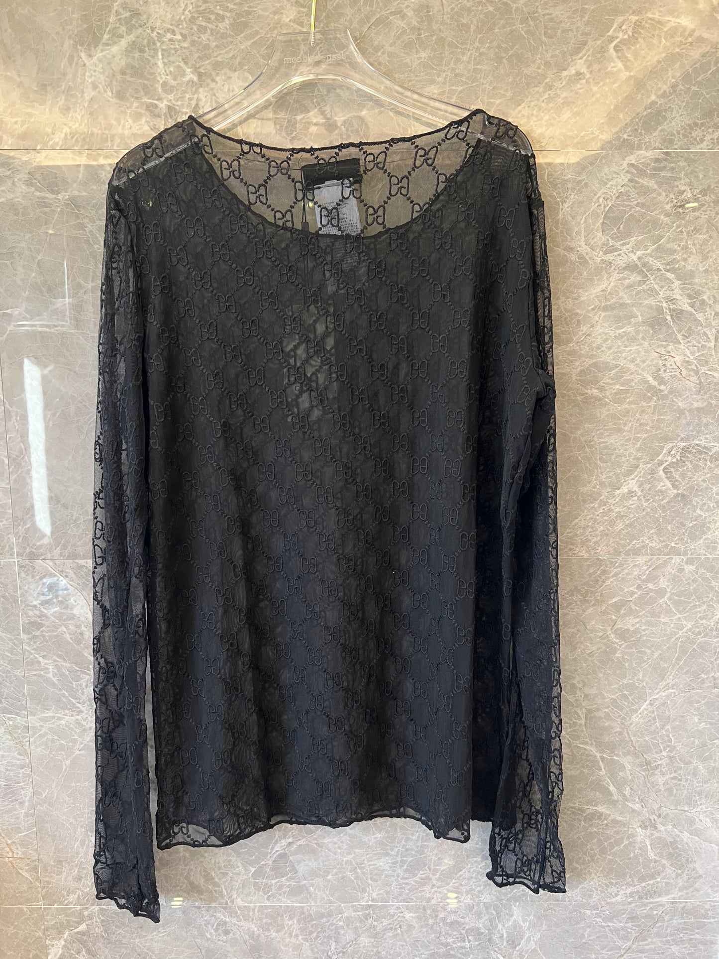 Gucci black sheer long-sleeve GG monogram mesh top