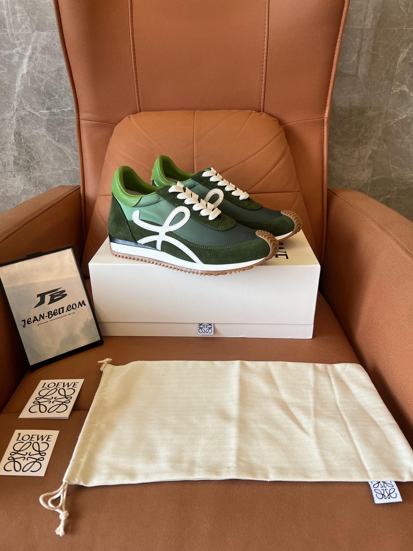 Loewe×Paula's Ibiza flow runner calfskin & nylon green brown low top sneakers