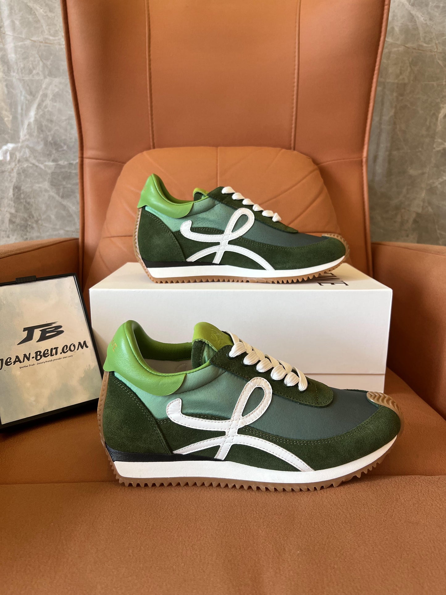 Loewe×Paula's Ibiza flow runner calfskin & nylon green brown low top sneakers