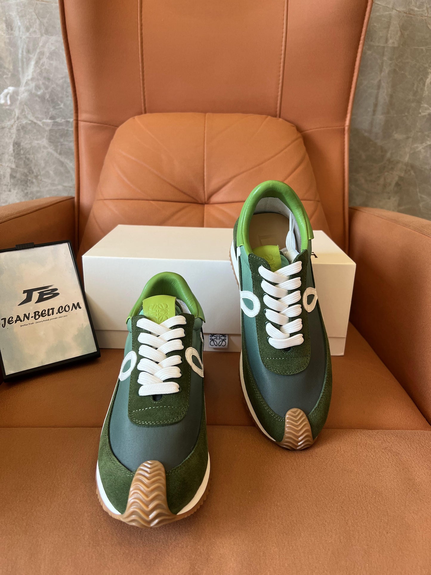 Loewe×Paula's Ibiza flow runner calfskin & nylon green brown low top sneakers