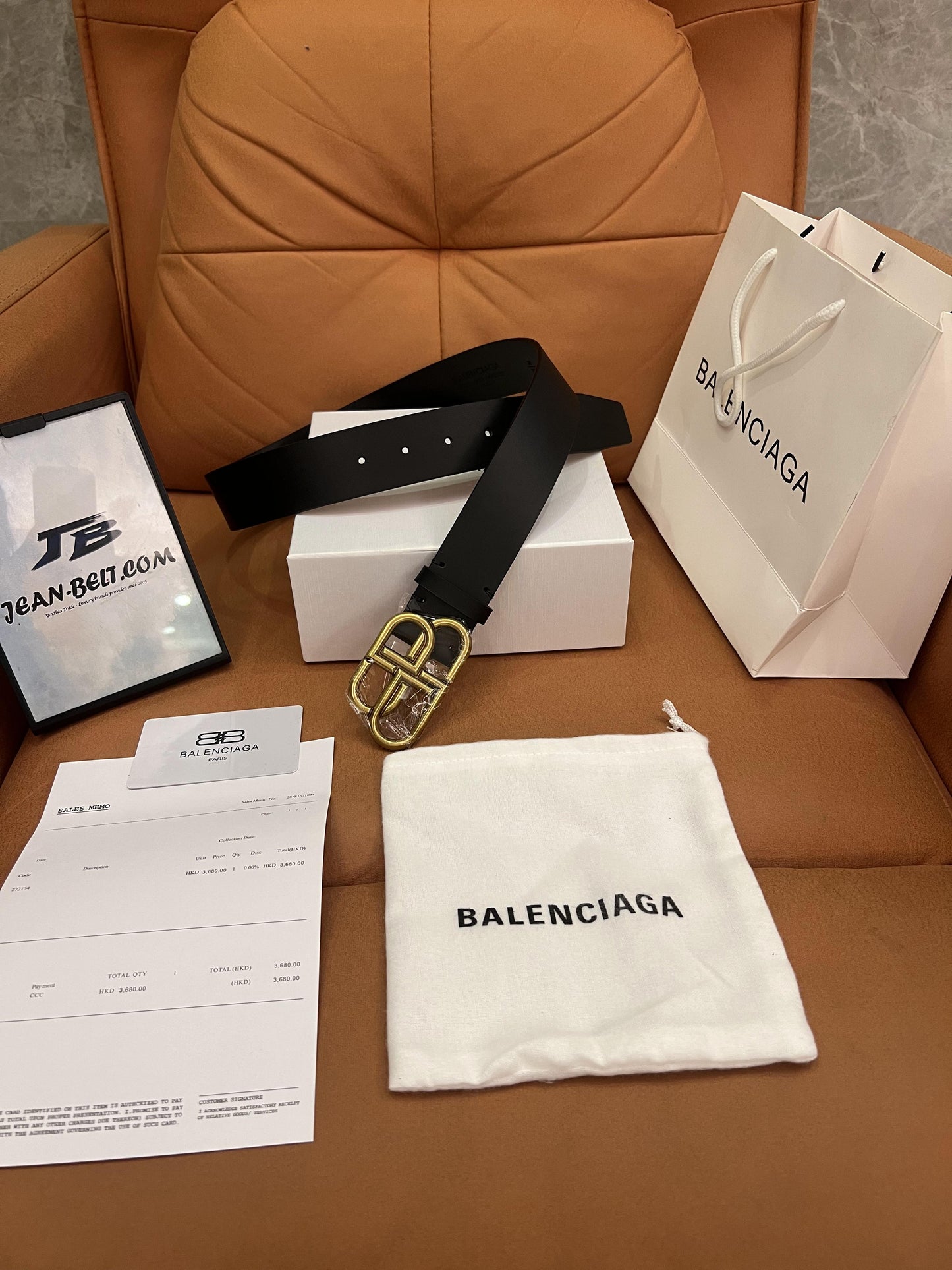 Balenciaga black leather belt with gold-tone buckle