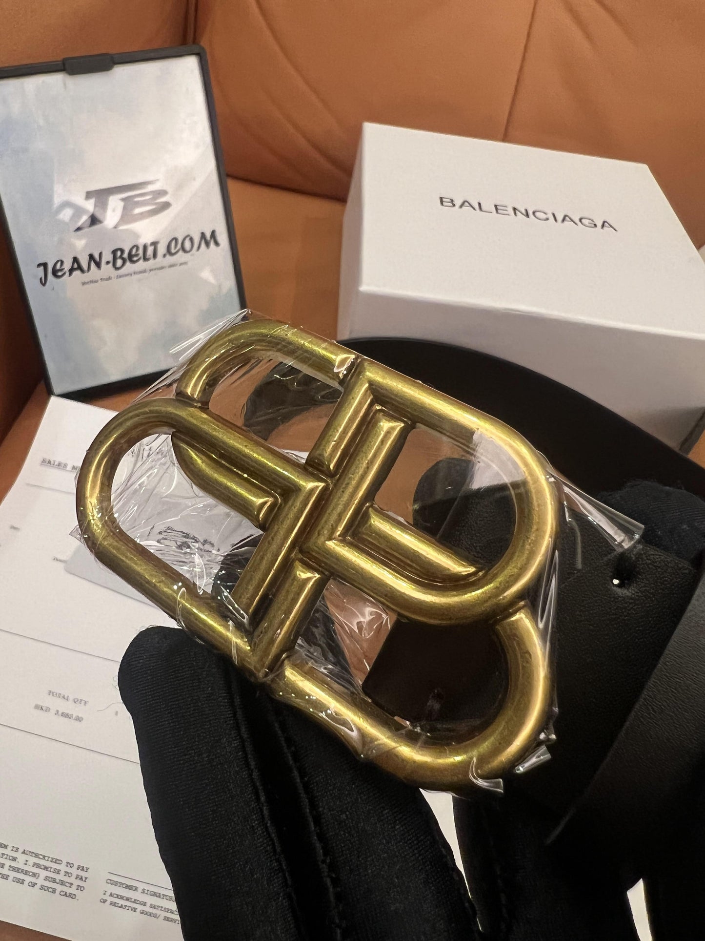 Balenciaga black leather belt with gold-tone buckle