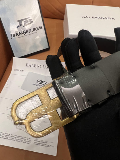 Balenciaga black leather belt with gold-tone buckle