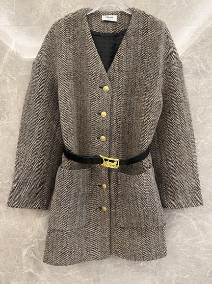 Celine herringbone wool coat with gold button detail and belt