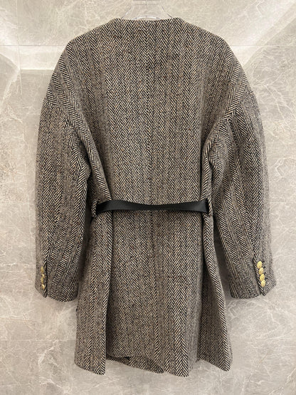 Celine herringbone wool coat with gold button detail and belt