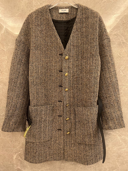 Celine herringbone wool coat with gold button detail and belt