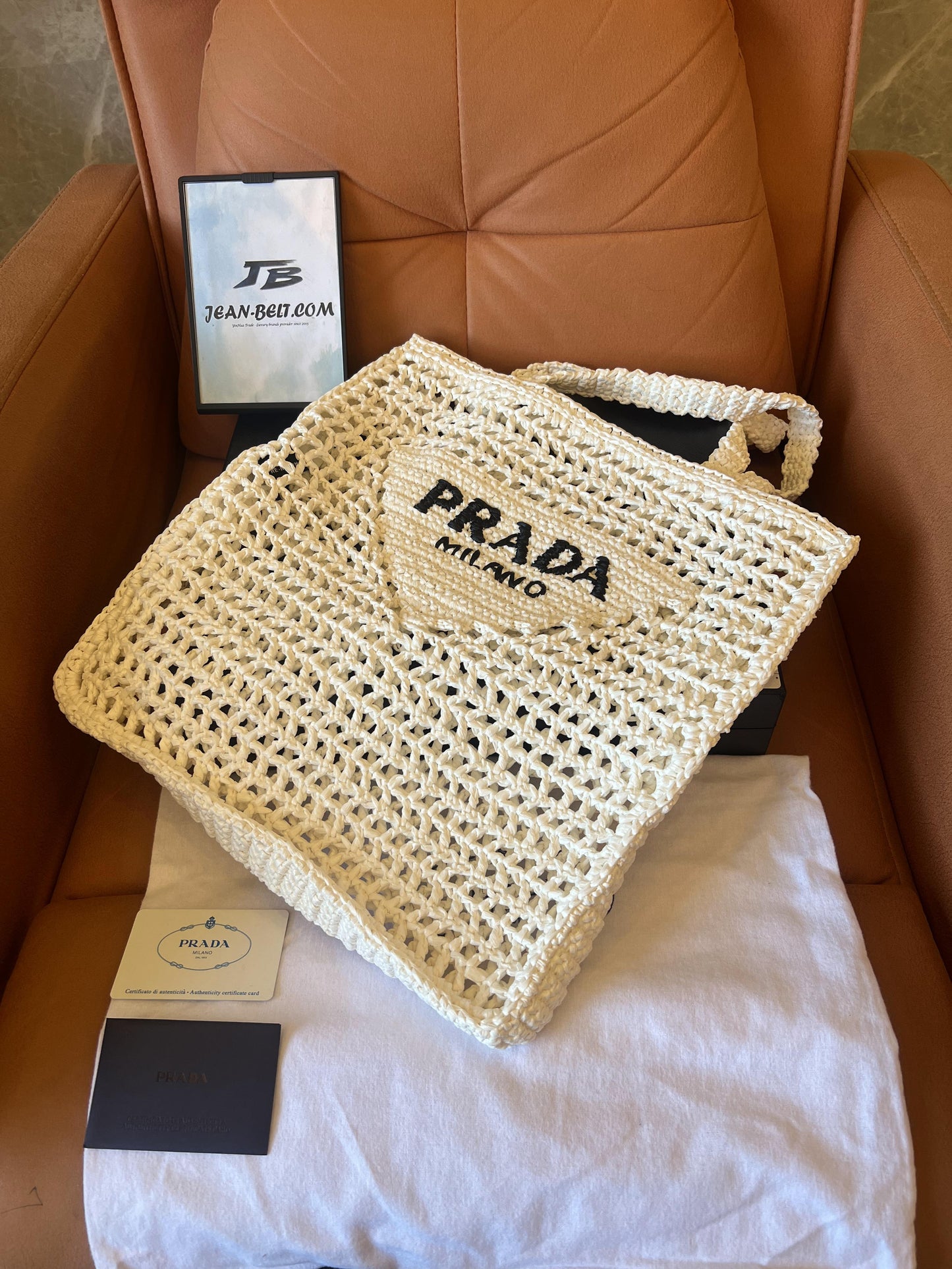 Prada raffia tote, white open weave