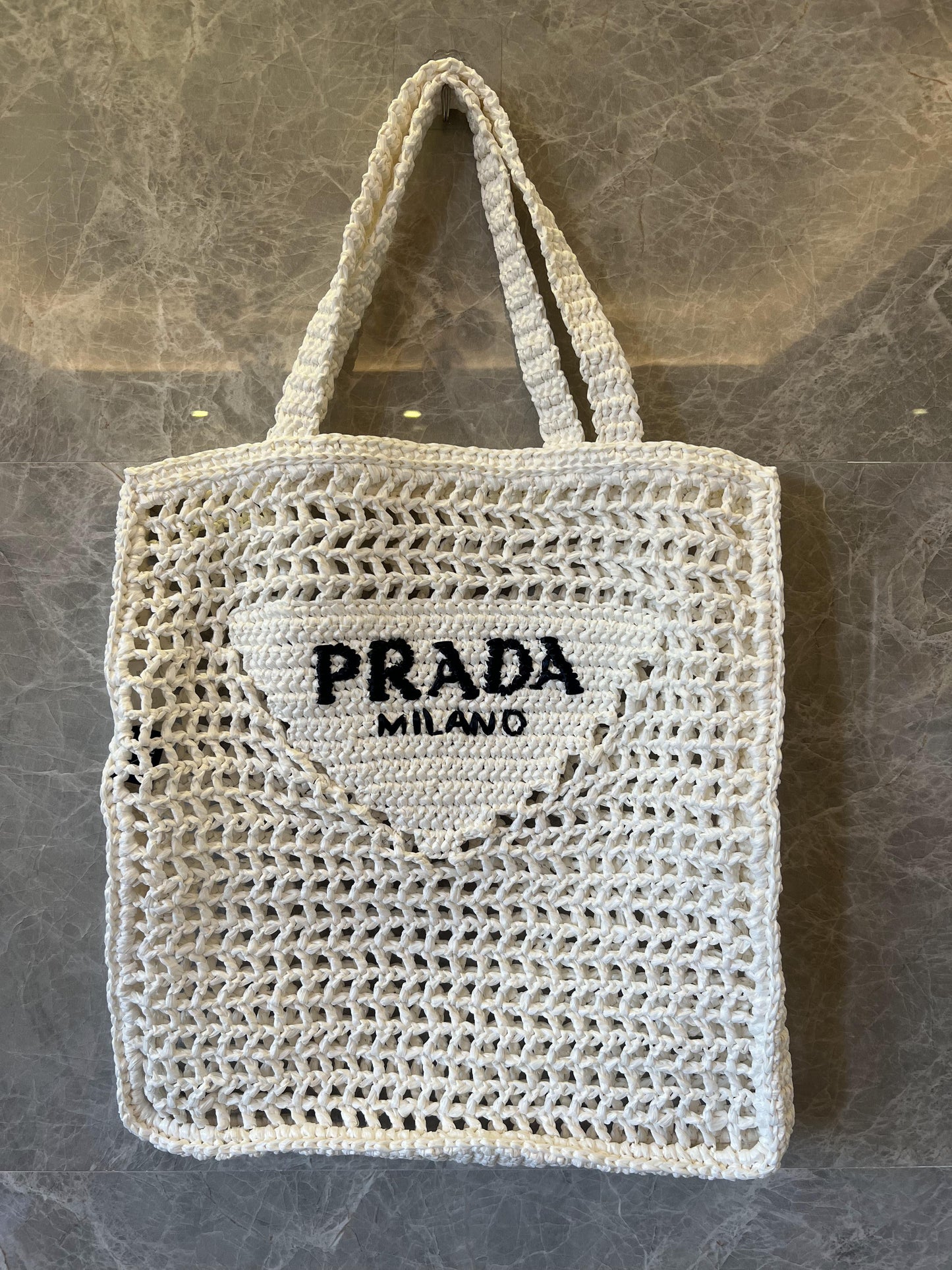 Prada raffia tote, white open weave