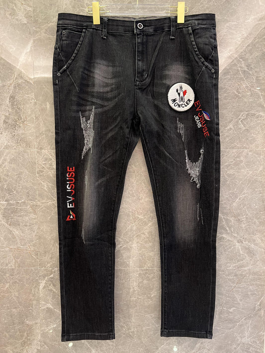 Moncler x Evisu collaboration distressed black jeans