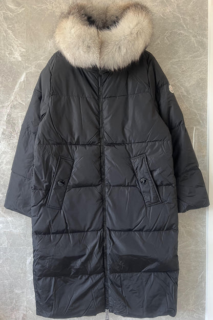 Moncler women's long down coat with fur-trimmed hood