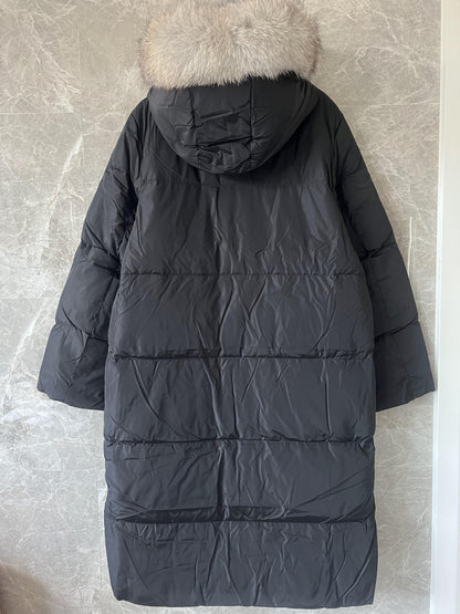 Moncler women's long down coat with fur-trimmed hood