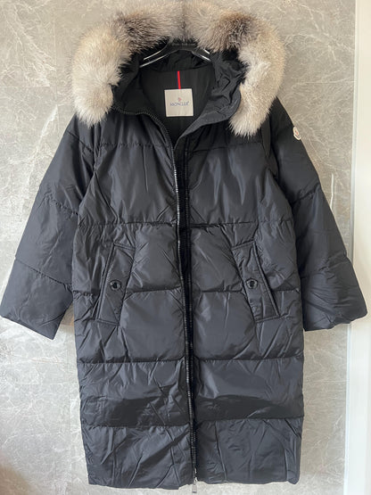 Moncler women's long down coat with fur-trimmed hood