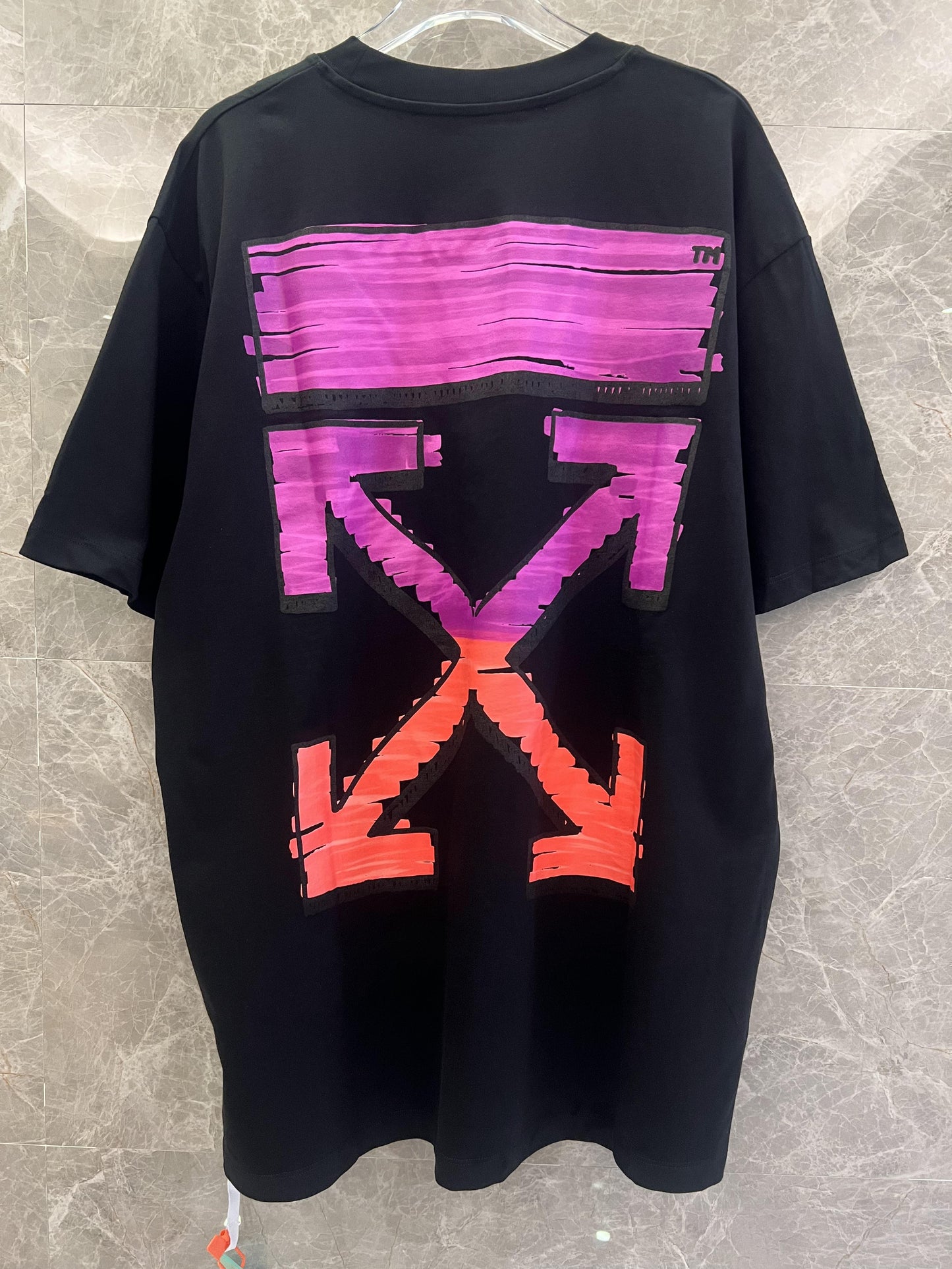 Off-White black t-shirt with bold pink and purple arrow print