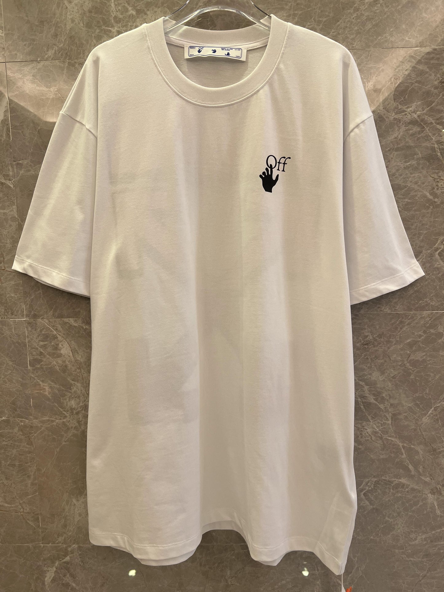 Off-White white t-shirt with black hand icon & red graffiti back design