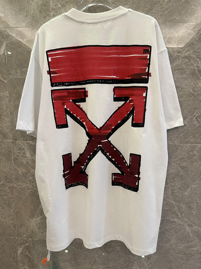 Off-White white t-shirt with black hand icon & red graffiti back design