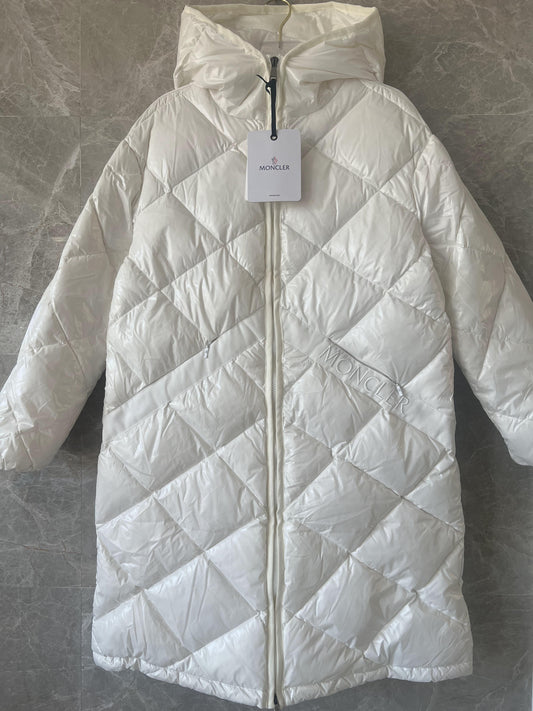 Moncler women's white quilted down coat with hood