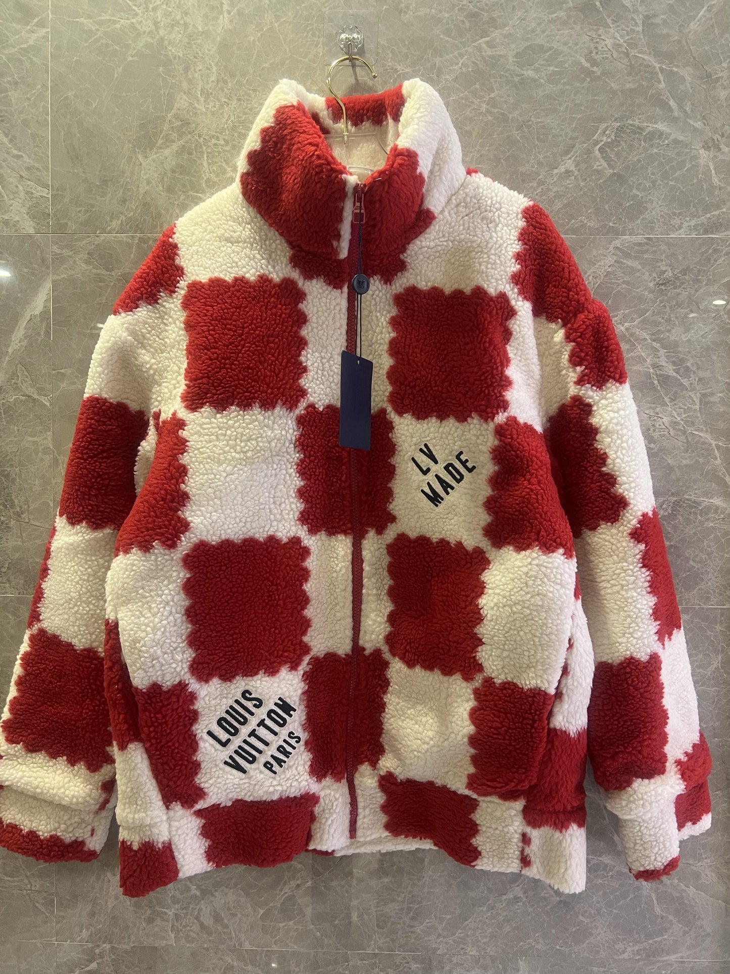 Louis Vuitton red and white checkered fleece jacket