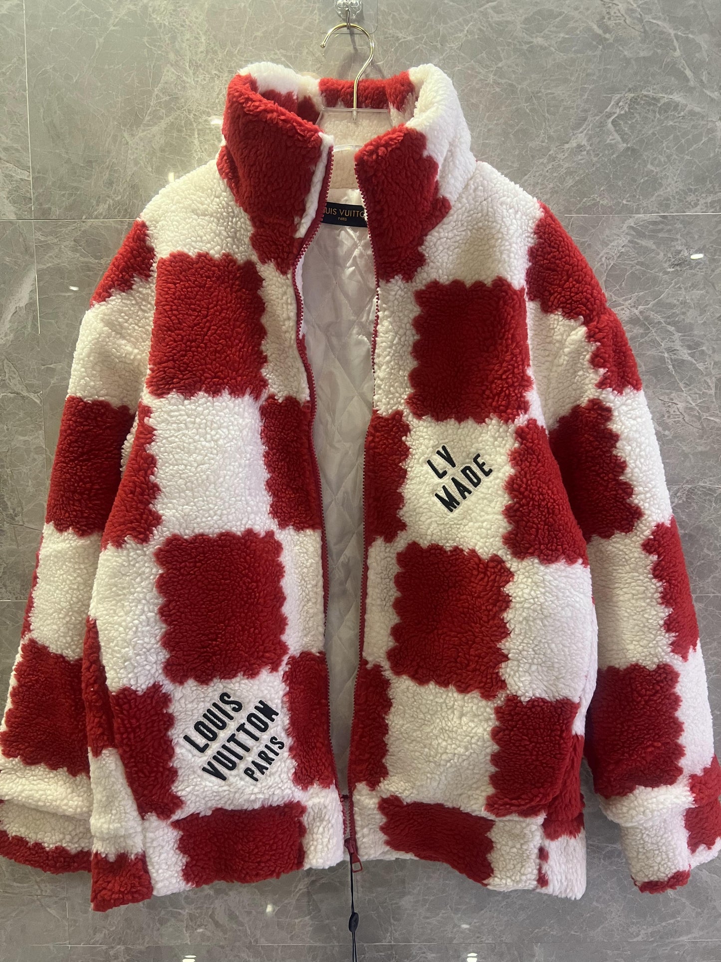 Louis Vuitton red and white checkered fleece jacket