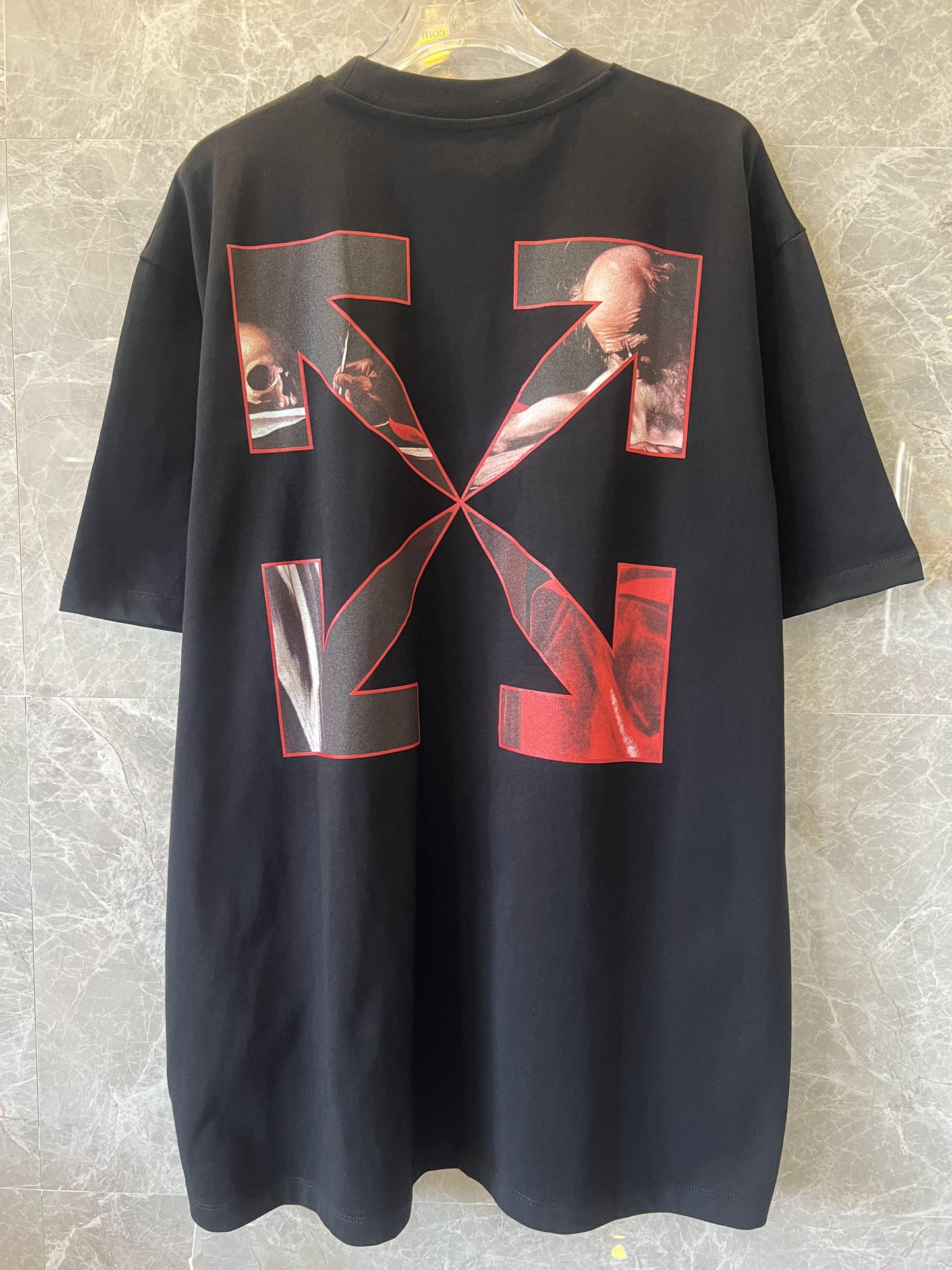 Off-White™ artistic graphic t-shirt with red cross design - black