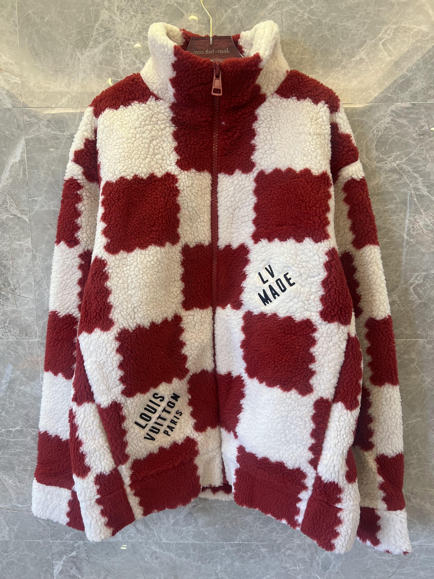 Louis Vuitton red and white checkered fleece jacket