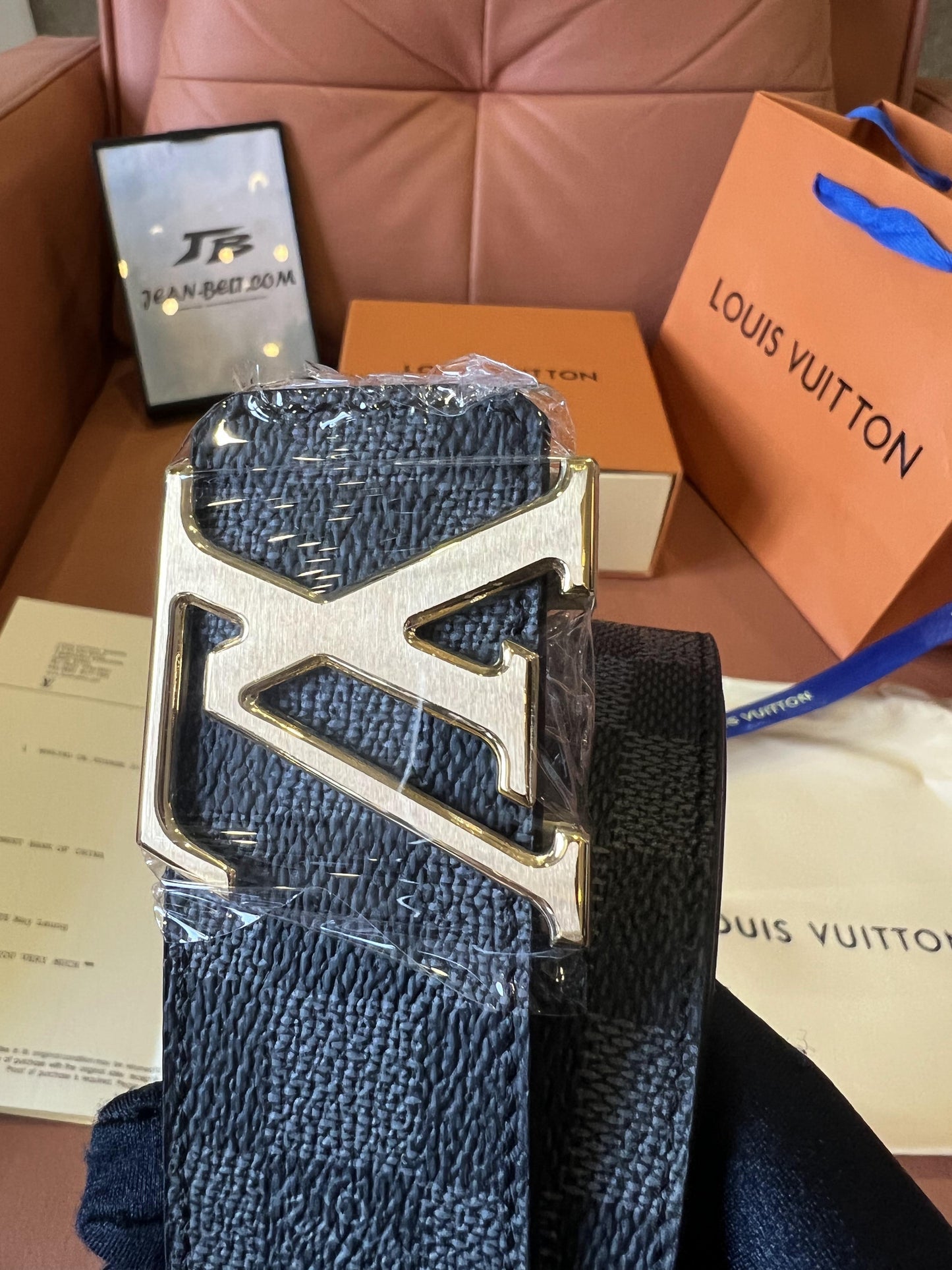 Louis Vuitton Damier Graphite canvas belt with silver LV Initials buckle