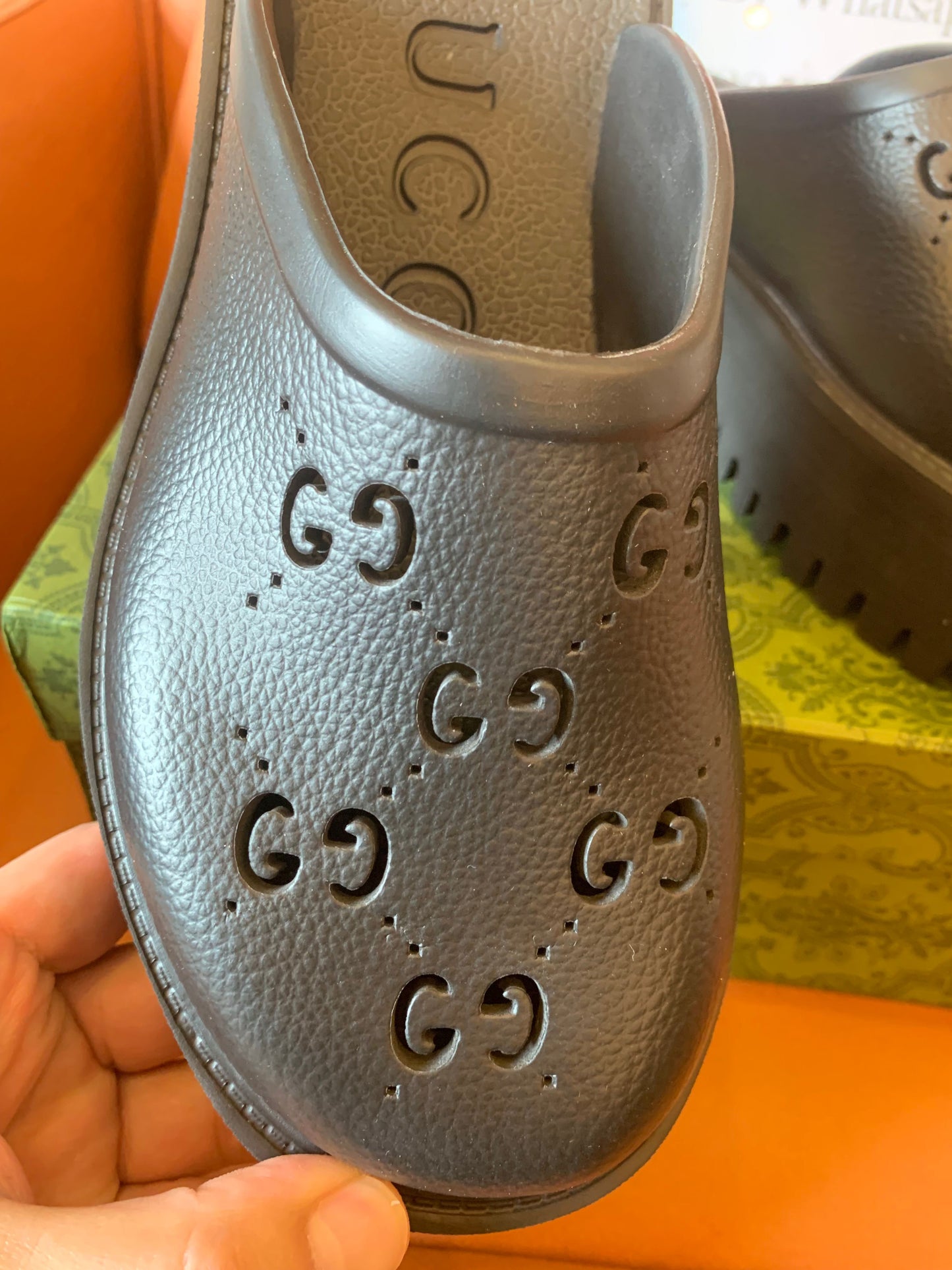 Gucci GG logo black leather platform clogs