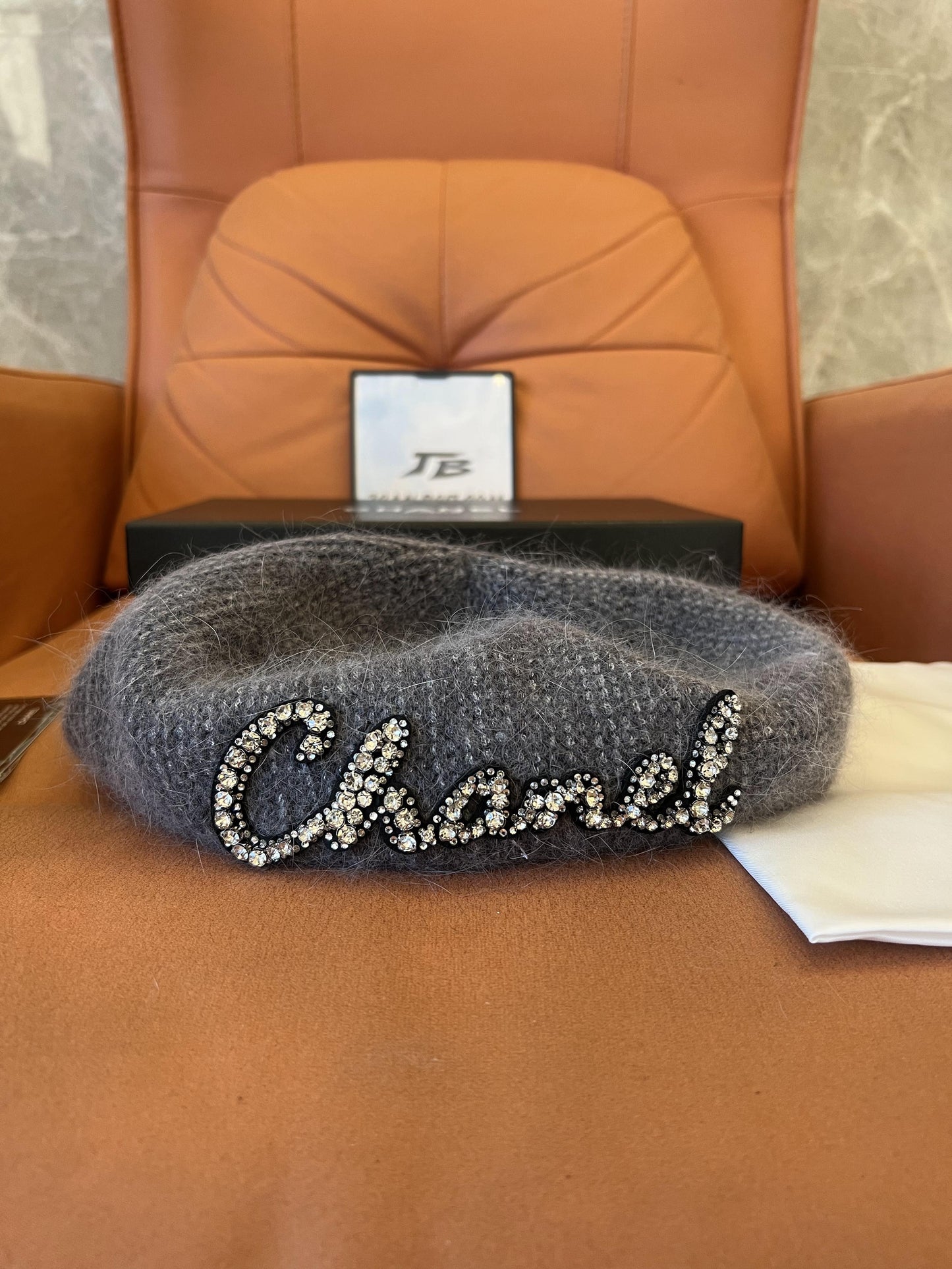 Chanel grey mohair beret with crystal embellished logo