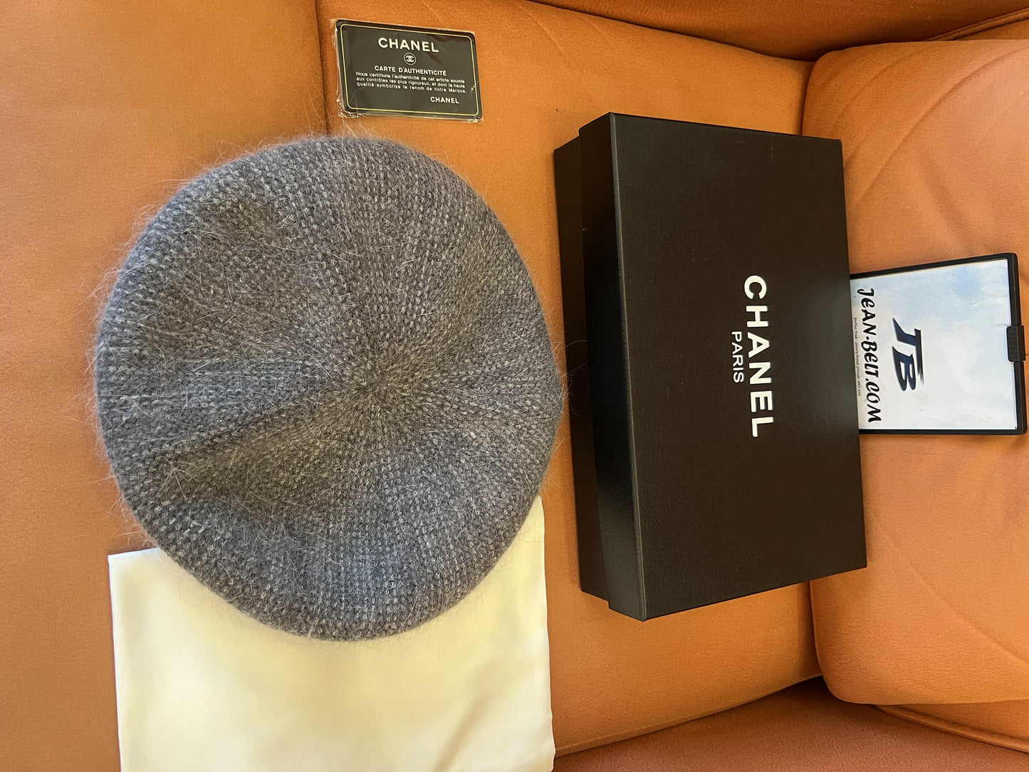 Chanel grey mohair beret with crystal embellished logo