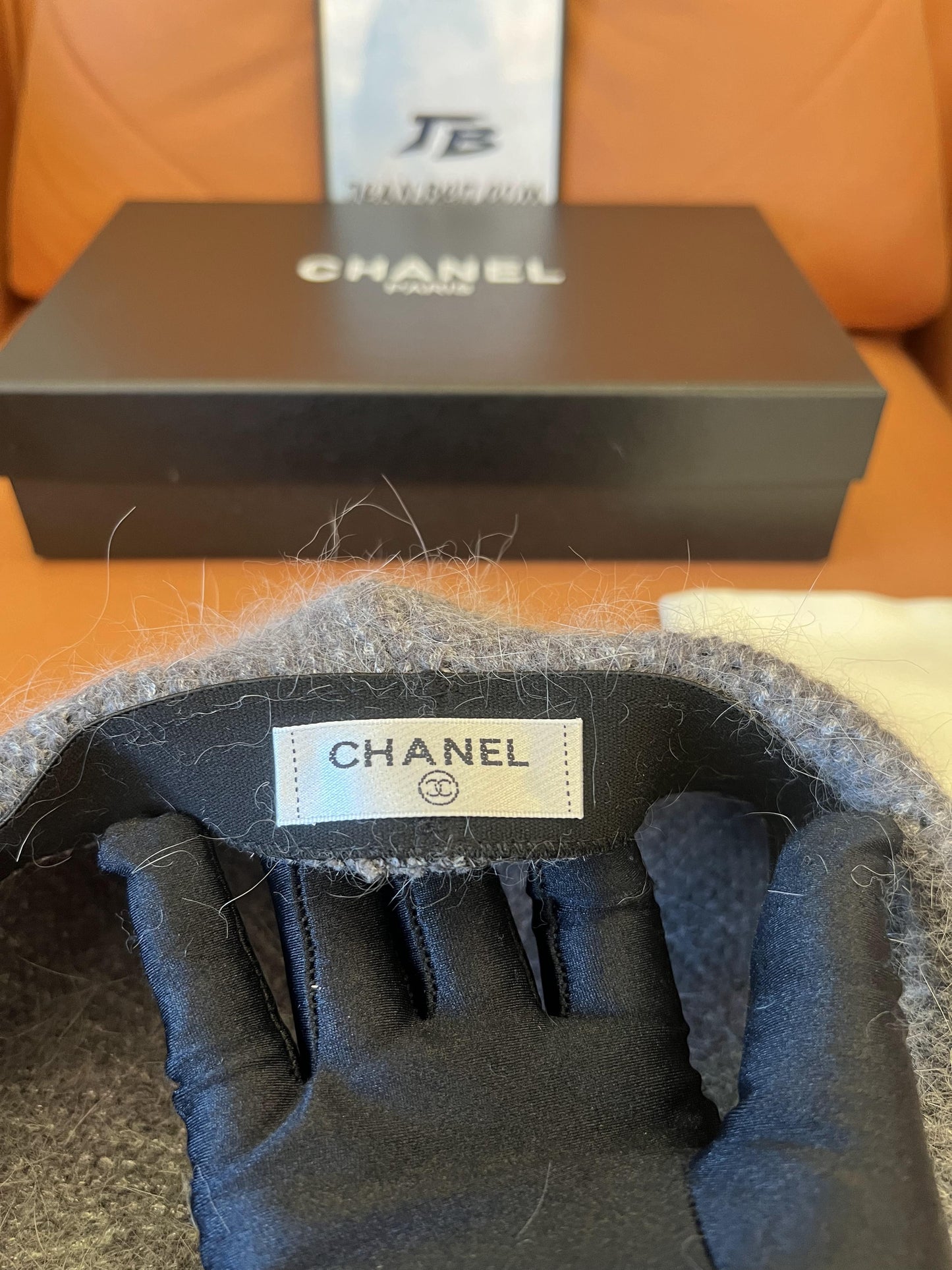 Chanel grey mohair beret with crystal embellished logo