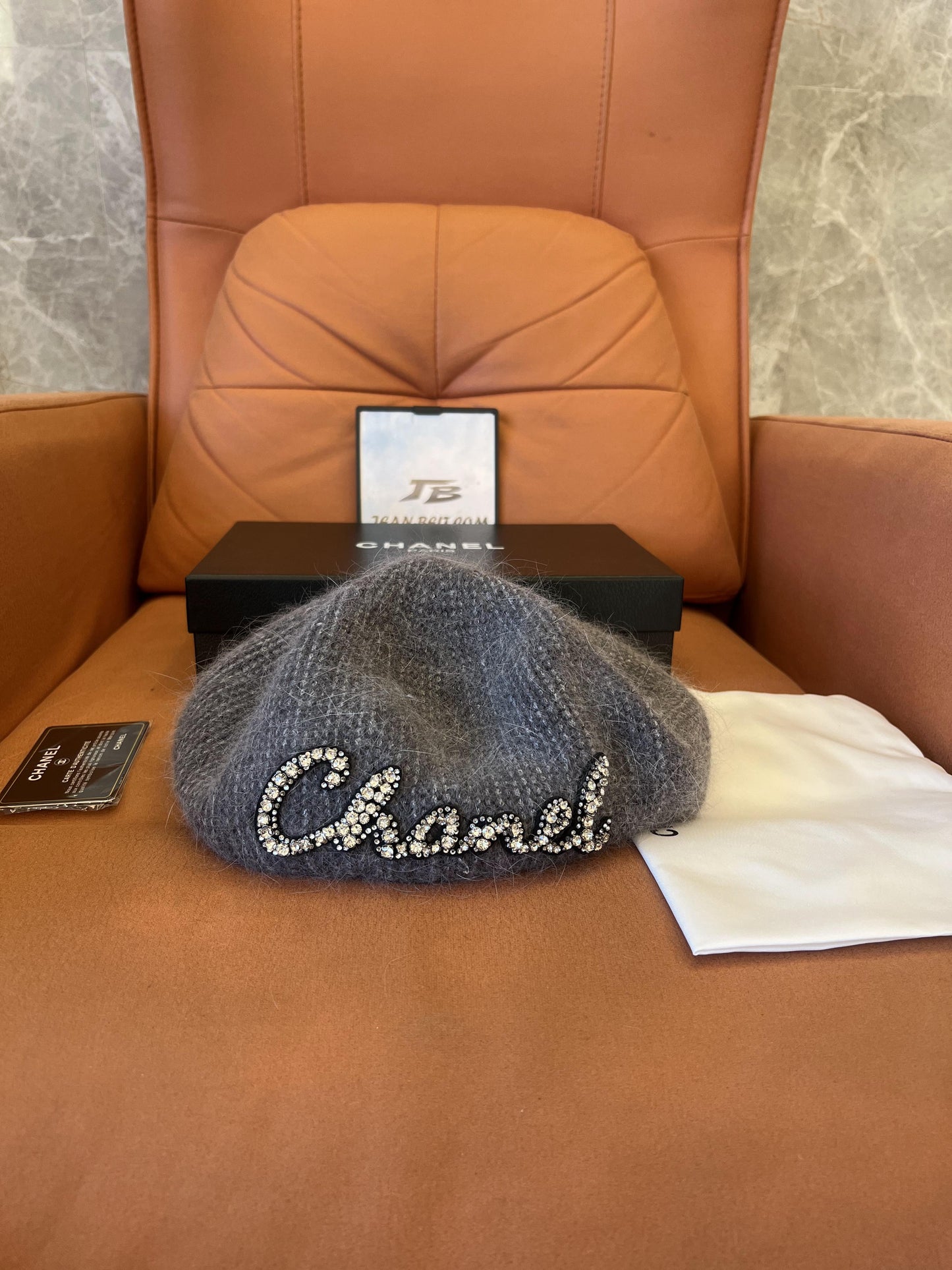 Chanel grey mohair beret with crystal embellished logo